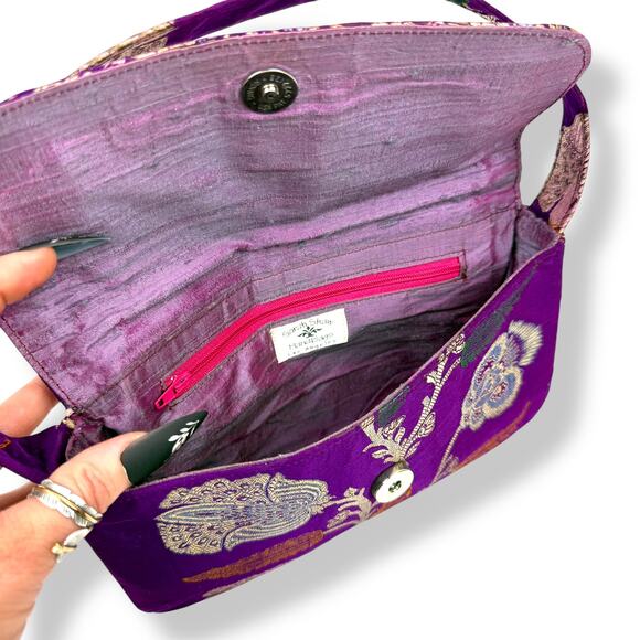 90's designer purple floral silk shoulder bag by SARAH SHAW LOS ANGELES - Picture 6 of 16